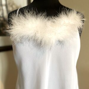 Oscar de la Renta Pink Label white chiffon bridal chemise with boa fur neckline